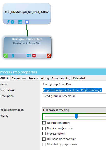 Read group Green Plum Red m Process step properties ;eneral Generation Process tracking Error handling Extended 'rocess task ription 'rocess information 'rioritj Read group GreenPIum Pro dat±ProæctionSin Read groupin GreenPIum Full process tracking Notification (error) Notification (success) Process history D&Queue does not wait Disabled by preprocessor 